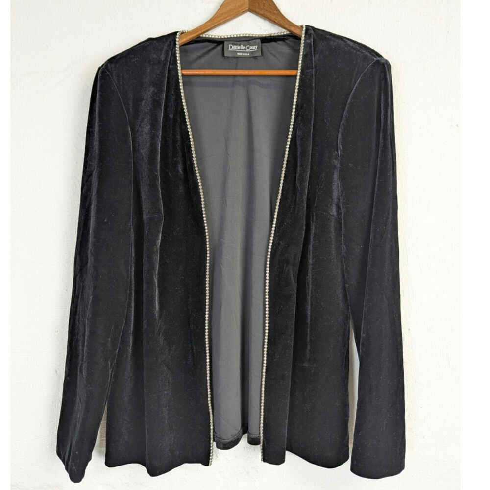 Vtg Velvet Cardigan Black Rhinestone Trim Bling Open Evening Formal Womens XL